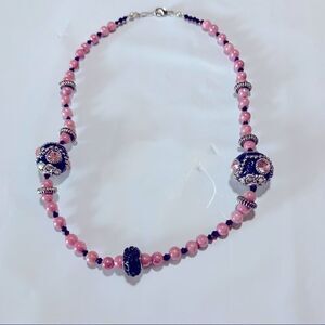 Natural Pink Stone Beaded Necklace w/ Purple Accent Beads Approx 18” Lovely